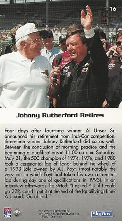 1995 SkyBox Indy 500 #16 Johnny Rutherford Retires Back