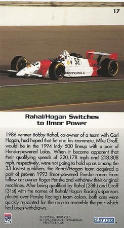 1995 SkyBox Indy 500 #17 Rahal/Hogan Switches to Ilmor Power Back