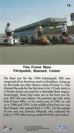1995 SkyBox Indy 500 #18 Emerson Fittipaldi / Raul Boesel / Al Unser Jr. Back