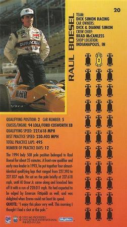 1995 SkyBox Indy 500 #20 Raul Boesel Back
