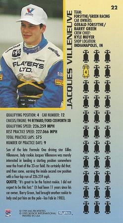 1995 SkyBox Indy 500 #22 Jacques Villeneuve Back