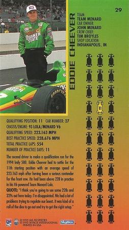 1995 SkyBox Indy 500 #29 Eddie Cheever Back