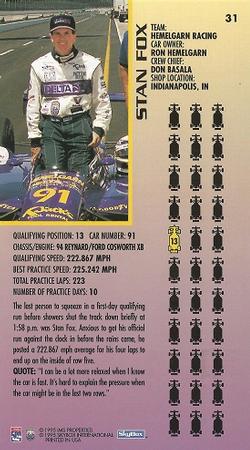 1995 SkyBox Indy 500 #31 Stan Fox Back