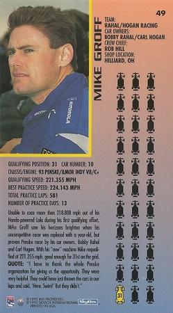 1995 SkyBox Indy 500 #49 Mike Groff Back