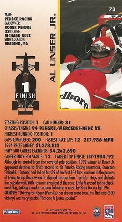 1995 SkyBox Indy 500 #73 Al Unser Jr. Back