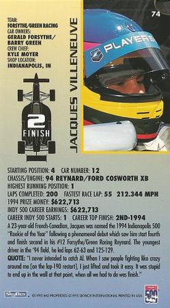 1995 SkyBox Indy 500 #74 Jacques Villeneuve Back