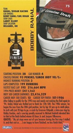 1995 SkyBox Indy 500 #75 Bobby Rahal Back