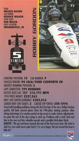 1995 SkyBox Indy 500 #77 Robby Gordon Back