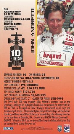 1995 SkyBox Indy 500 #82 John Andretti Back