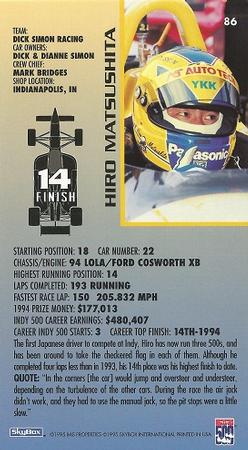 1995 SkyBox Indy 500 #86 Hiro Matsushita Back