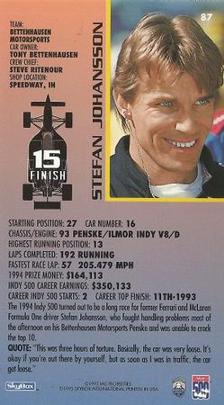 1995 SkyBox Indy 500 #87 Stefan Johansson Back