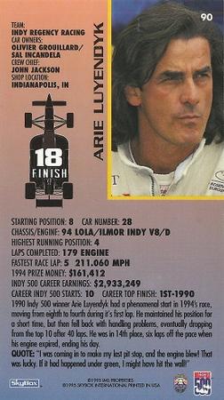 1995 SkyBox Indy 500 #90 Arie Luyendyk Back