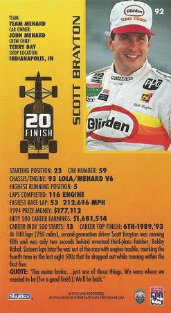 1995 SkyBox Indy 500 #92 Scott Brayton Back
