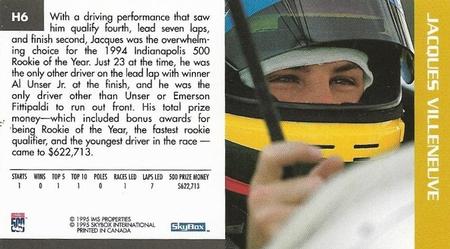 1995 SkyBox Indy 500 - Heir to Indy #H6 Jacques Villeneuve Back