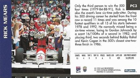 1995 SkyBox Indy 500 - Past Champs #PC3 Rick Mears Back