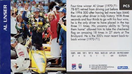 1995 SkyBox Indy 500 - Past Champs #PC5 Al Unser Back