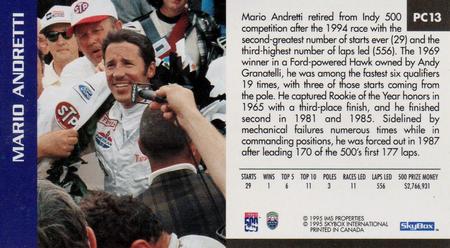 1995 SkyBox Indy 500 - Past Champs #PC13 Mario Andretti Back