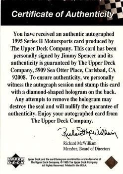 1995 Upper Deck - Autographs #NNO Jimmy Spencer Back