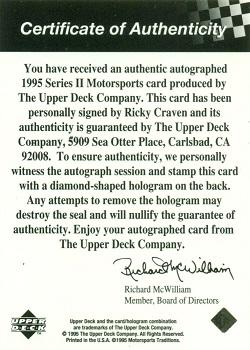 1995 Upper Deck - Autographs #NNO Ricky Craven Back