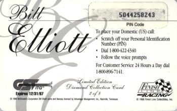 1996 Finish Line Diamond Collection $5 Phone Cards #2 Bill Elliott Back