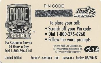 1996 Finish Line Phone Pak #NNO Bill Elliott Back