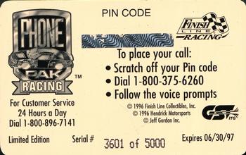 1996 Finish Line Phone Pak - $2 Signature #NNO Jeff Gordon Back