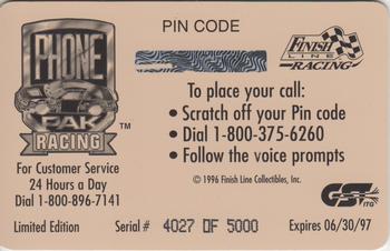 1996 Finish Line Phone Pak - $2 Signature #NNO Ernie Irvan's Car Back