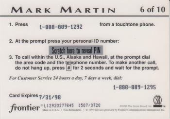 1997 Score Board Racing IQ - $10 Phone Cards #6 Mark Martin Back