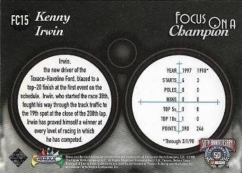 1998 Maxx - Focus on a Champion #FC15 Kenny Irwin Back