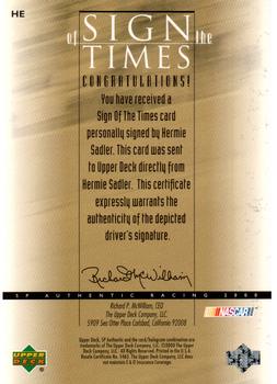2000 SP Authentic - Sign of the Times #HE Hermie Sadler Back