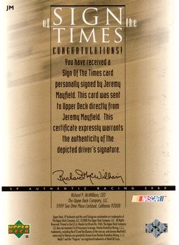 2000 SP Authentic - Sign of the Times #JM Jeremy Mayfield Back