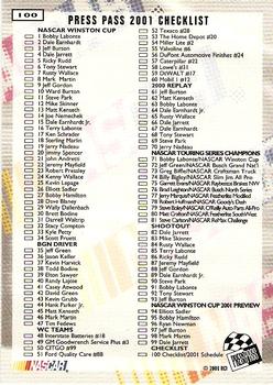 2001 Press Pass - Millennium #100 Checklist/Schedule Back