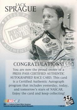 2002 Press Pass - Autographs #NNO Jack Sprague Back