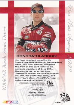 2002 Press Pass - Signings #NNO Greg Biffle Back