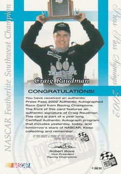 2002 Press Pass - Signings #NNO Craig Raudman Back