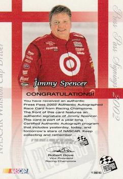 2002 Press Pass - Signings #NNO Jimmy Spencer Back