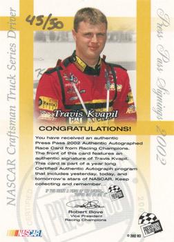 2002 Press Pass - Signings Gold #NNO Travis Kvapil Back