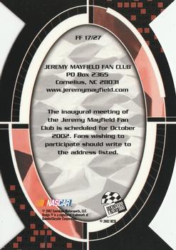 2002 Press Pass Optima - Fan Favorite #FF 17 Jeremy Mayfield Back