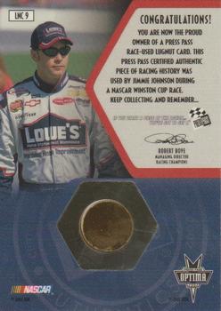 2002 Press Pass Optima - Race Used Lugnuts Cars #LNC 9 Jimmie Johnson's Car Back