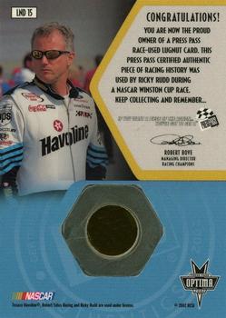 2002 Press Pass Optima - Race Used Lugnuts Drivers #LND 15 Ricky Rudd Back