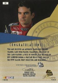 2002 Press Pass Premium - Race Used Firesuit Drivers #FD 1 Jeff Gordon Back