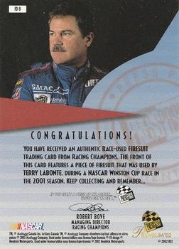 2002 Press Pass Premium - Race Used Firesuit Drivers #FD 8 Terry Labonte Back