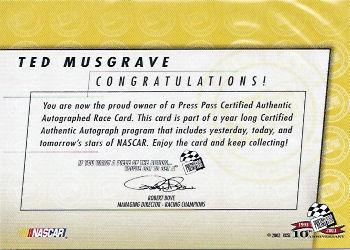 2003 Press Pass - Autographs #NNO Ted Musgrave Back