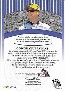 2003 Press Pass - Signings #NNO Dave Blaney Back