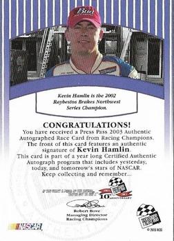 2003 Press Pass - Signings #NNO Kevin Hamlin Back