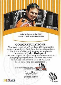 2003 Press Pass - Signings #NNO Jake Hobgood Back