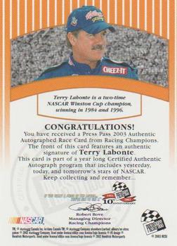 2003 Press Pass - Signings #NNO Terry Labonte Back