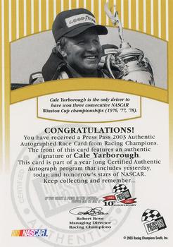 2003 Press Pass - Signings #NNO Cale Yarborough Back