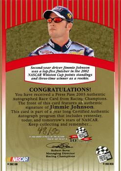 2003 Press Pass - Signings Gold #NNO Jimmie Johnson Back