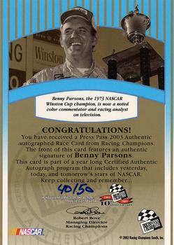 2003 Press Pass - Signings Gold #NNO Benny Parsons Back